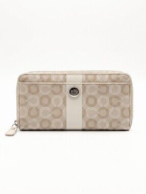 Coach Beige OP Art Signature Zip Wallet with Cream Center Stripe